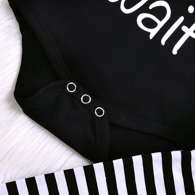 Baby Unisex Worth The Wait Arrow Printed Romper Striped Pant Hat Outfit Clothes (Black, Newborn)