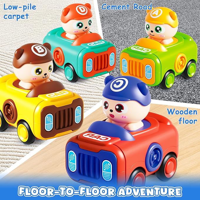 Baby Car Toys for Toddler 1-3, 4PCS Press to Go Push Car, Infant Play Whistle Vehicle Toy Set for 12-18 Months, 1st Birthday Christmas Easter Gifts for 1-2 Years Old Boys