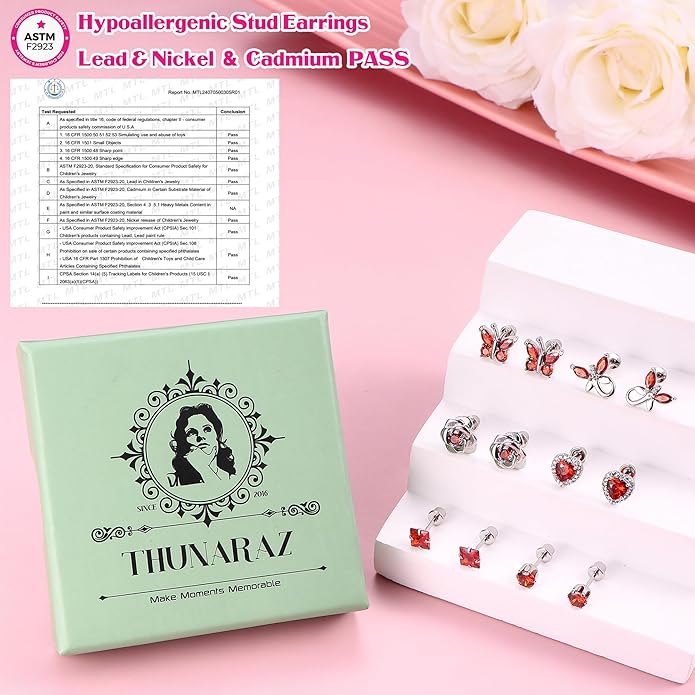 THUNARAZ Hypoallergenic Screw Back Earrings for Girls Women Surgical Stainless Steel Stud Earrings for Sensitive Ears Cute Butterfly Flower Heart CZ Screwback Earring Kid Toddler Girls Jewelry Gift