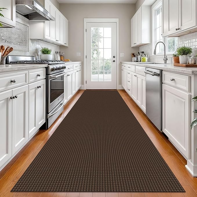 KOZYFLY Long Runners for Hallways 3x12 ft Washable Kitchen Runner Non Slip Rubber Backed Hallway Rugs Cotton Entryway Runner Rug Floor Carpet for Indoor Hall, Backdoor, Kitchen, Reddish Brown/Coffee