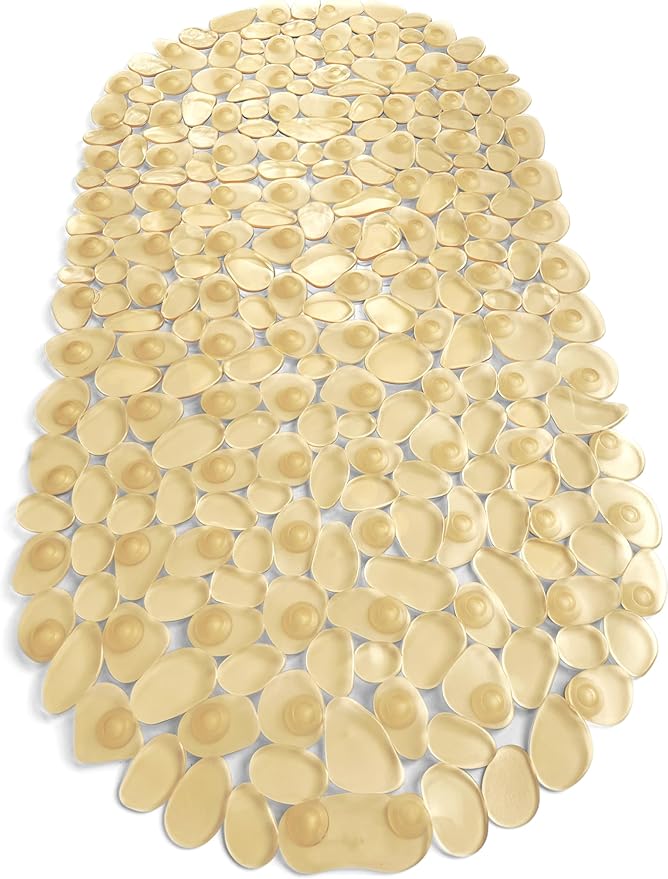 “Pebbles” Non-Slip Bathtub & Shower Mat 27”x14” Oval - Non-Toxic - Safe, Clean, Machine-Washable, Superior Grip & Drainage, Vinyl, for Smooth Floors ONLY, Transparent Light Brown