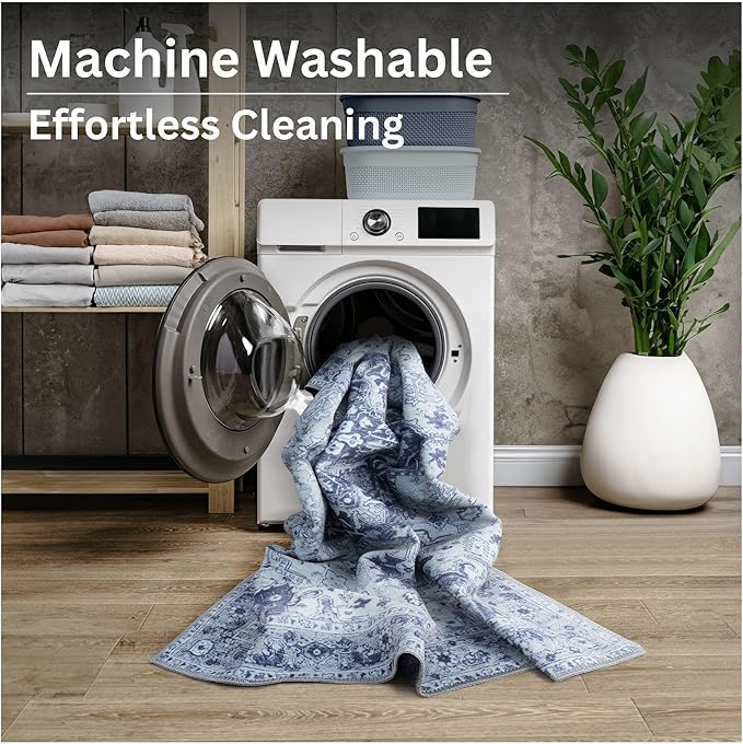 Bloom Rugs Washable Non-Slip 10 ft Runner - Gray/Blue Traditional Medallion Runner for Entryway, Hallway, Bathroom, and Kitchen - Exact Size: 2.5' x 10'