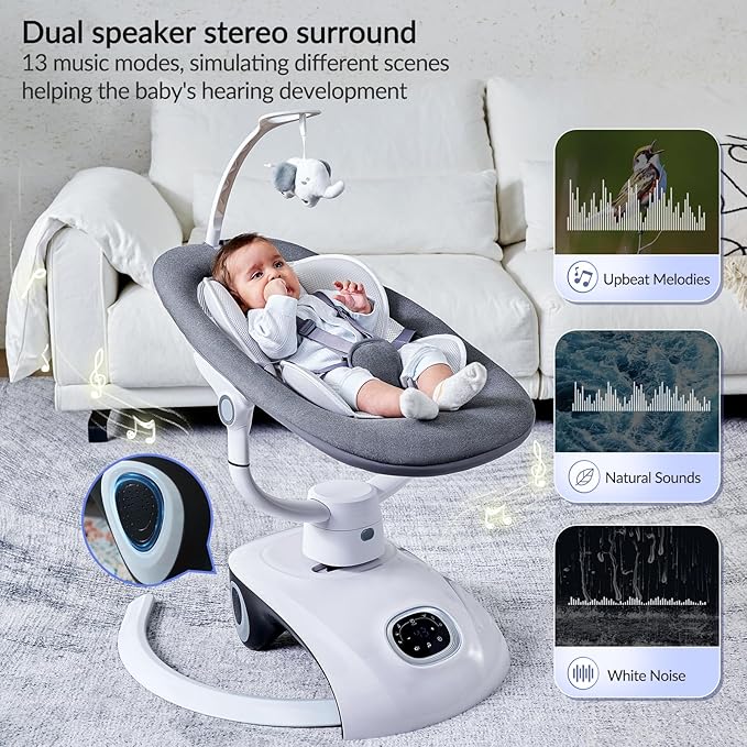 Baby Swing for Infants Electric Automatic Multi Motion Newborn for Girl & Boy with Remote Control, 5 Speed, 13 Melodies, Light Gray