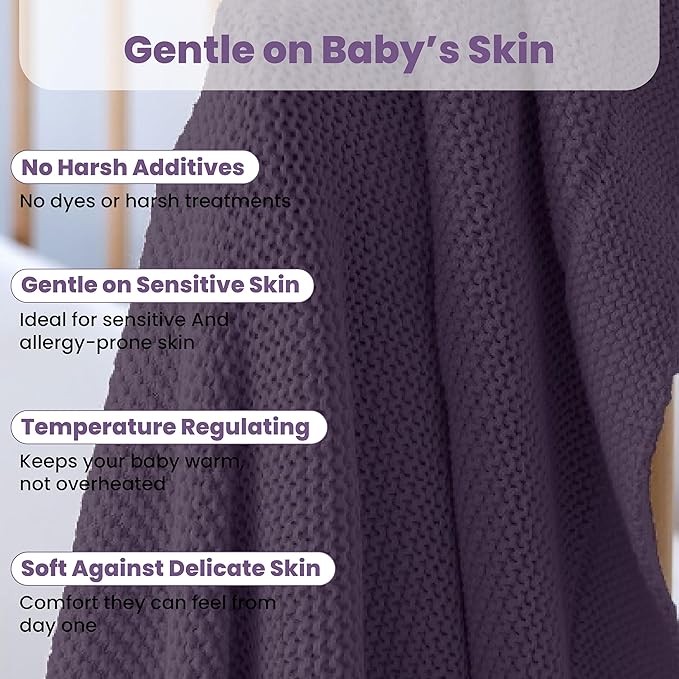 100% Organic Cotton Baby Knitted Blanket with Gift Box - Soft Toddler, Crib, Stroller Blanket - Neutral Swaddle and Receiving Blanket for Newborns, 30"x40", Sweet Grape