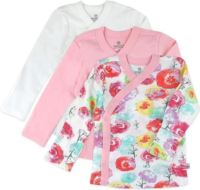 HonestBaby 3-pack Long Sleeve Side-snap Kimono Tops 100% Organic Cotton for Newborn Baby for Infant Boys, Girls, Unisex