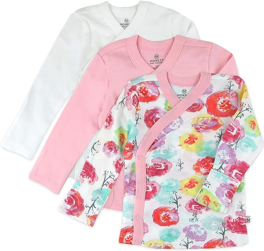 HonestBaby 3-pack Long Sleeve Side-snap Kimono Tops 100% Organic Cotton for Newborn Baby for Infant Boys, Girls, Unisex