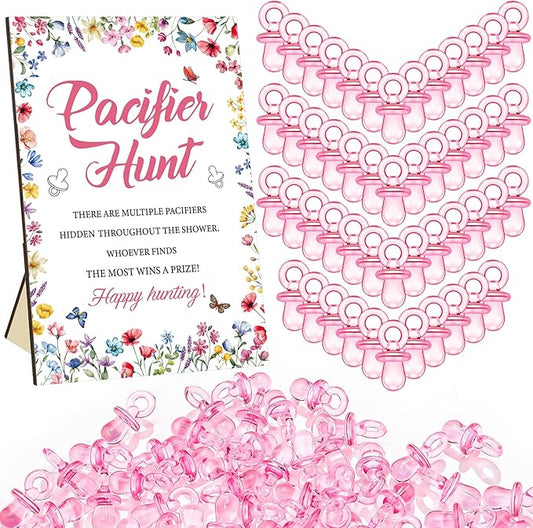 Thyle 51 Pcs Pacifier Hunt Baby Shower Games Include Hunt Sign and 50 Acrylic Pacifiers for Baby Shower Game Decoration Gift Sets Gender Reveal Party Decor(Wildflower)