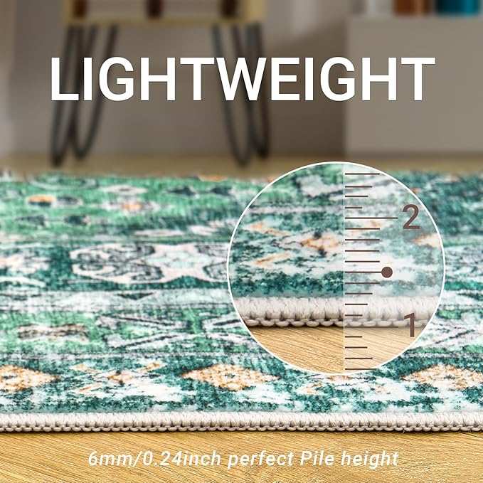 zesthome 5x7 Area Rugs - Ultra-Thin Washble Rug, Stain Resistant Anti Slip Backing Rugs for Living Room,Bedroom, Vintage Home Decor Area Rug(Green/Teal,5'x7')