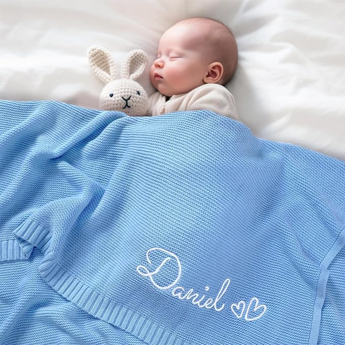 Personalized Baby Blanket with Embroidered Name, Custom Knit Blanket for Girls Boys, 30x40in Customized Baby Receiving Blankets, Personalized Christmas Birthday Baby Newborn Gifts (Blue)