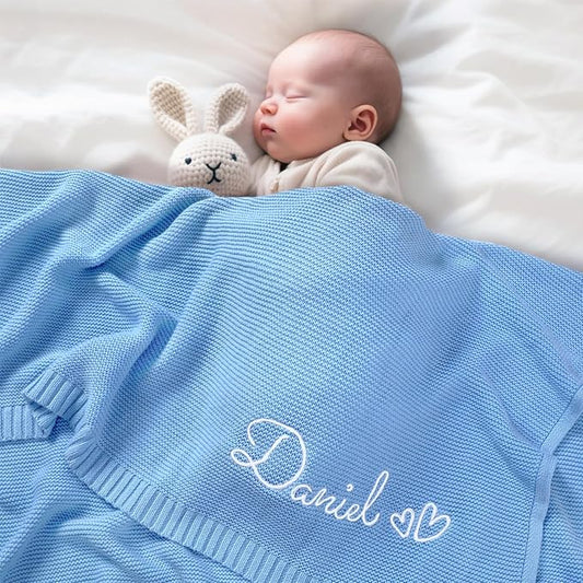 Personalized Baby Blanket with Embroidered Name, Custom Knit Blanket for Girls Boys, 30x40in Customized Baby Receiving Blankets, Personalized Christmas Birthday Baby Newborn Gifts (Blue)