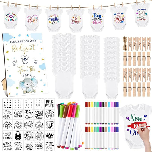 Panitay 126 Pcs Baby Shower DIY Bodysuit Set Rustic Kraft Baby Shower Game Sign DIY Bib 25 Blank White Newborn Bodysuit 25 Stencils 24 Marker 1 Sign 50 Pins for Gender Reveal(Blue Elephant)