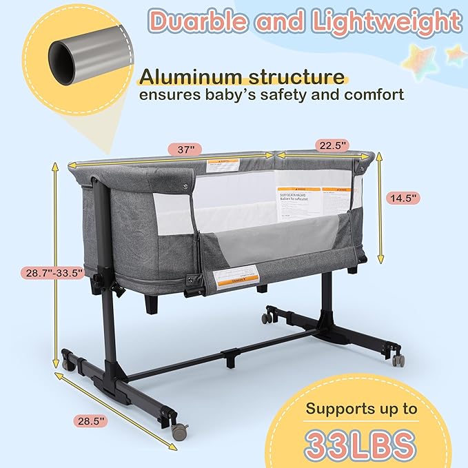 Xilingol 5 in 1 Baby Bassinet Bedside Sleeper, Portable Pack and Play with Carrying Bag, Playpen and Rocking Cradle, Easy Folding Crib for Newborn Baby, Grey