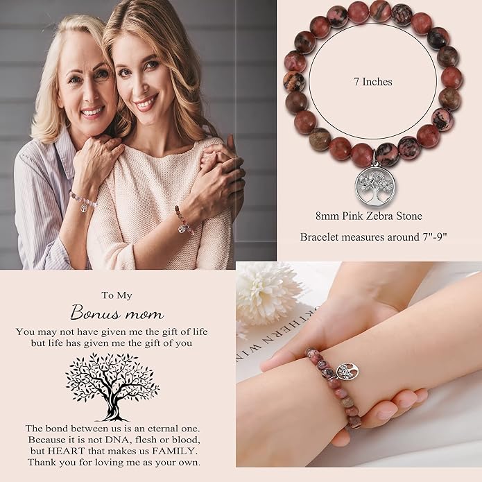 QWNHONEY Mothers Day Gift for Grandma Mom Mother in Law Sister in Law Bonus mom Granny Nana Valentine's Day Birthday Anniversary Pink Red Natural Stone Tree of Life Bracelet