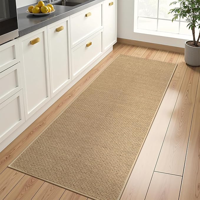 Wonnitar Farmhouse Washable Kitchen Runner Rug, 2x5 Rug Runner Rubber Backed Non Slip Bathroom Runner Rug, Neutral Absorbent Braided Rugs Carpet Runner for Bedroom Kitchen Entry Hallway(Beige,2'x5')