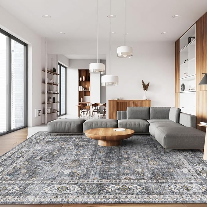 Area Rug 5x7 Washable Rug Boho Soft Non-Slip Non-Shedding Faux Wool Vintage for Living Room, Bedroom Rug, Farmhouse, Dining Room, Indoor, Kids Playroom (Grey)