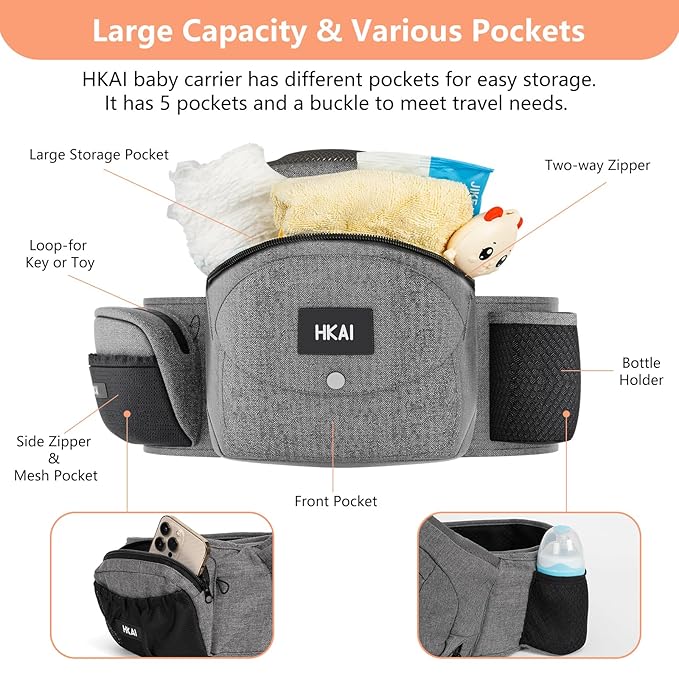 HKAI Baby Hip Carrier, Mom’s Choice Award Winner, Baby Carrier with Adjustable Waistband & Breathable Mesh, Ergonomic Carrier with Non-Slip Hip Seat Surface for Newborns & Toddlers, (Grey)