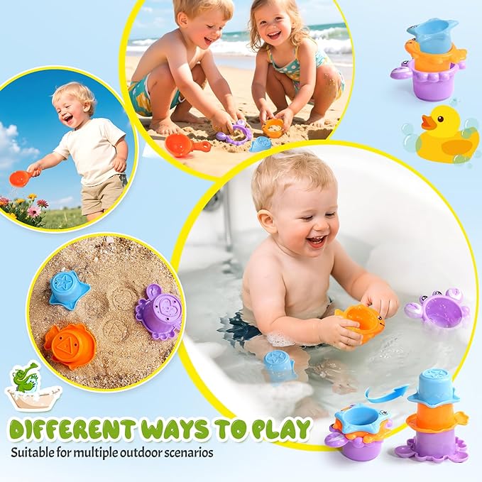 Baby Bath Toys for Kids Ages 1-3 Interactive Toddler Bath Toys Mold Free Duck Sensory Bathtub Water Shower Toys with 3 Stacking Cups for 12+ Months Boys Girls Gifts