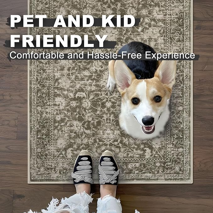 KILOCOCO Hallway Runner 2x5 Kitchen Runner Rug Printed Vintage Floral Washable Non-Slip Runners for Hallways Laundry Room Rugs Distressed Boho Rug Runners for Bedroom, Taupe/Green