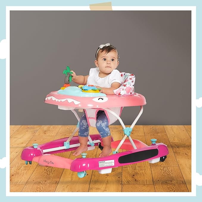 Dream On Me Baby Steps Baby Walker in Pink, Adjustable Three Position Height Setting, Removable Tray, Easy to Fold and Store Baby Walker
