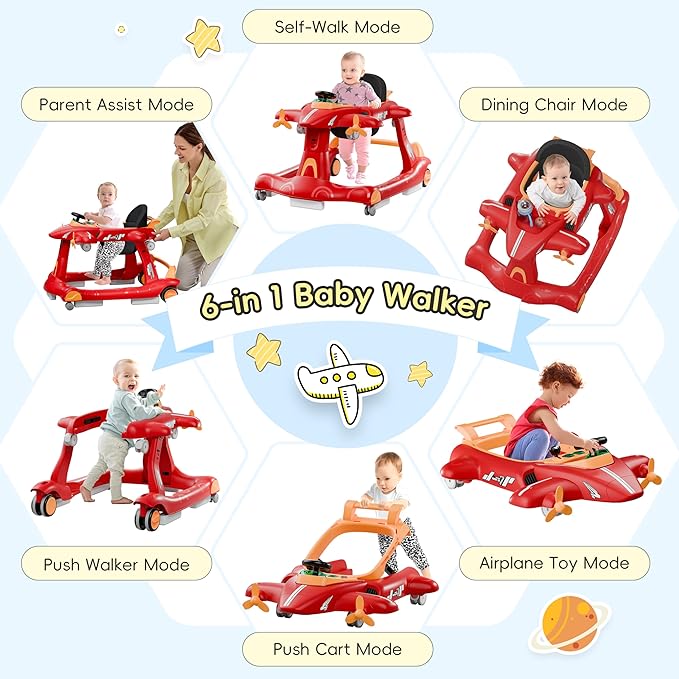 Xilingol 6-in-1 Baby Walker with Wheels, Adjustable Height & Speed Activity Walker with Padded Seat, Foldable Walker for Babies, Toddler Push Walkers for Boy & Girl 6-18 Months, Music & Light