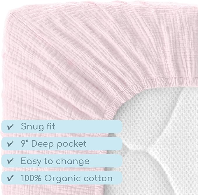 Muslin Crib Sheets, 100% Organic Cotton, Breathable and Ultra-Soft, Standard Crib Sheet Mattress (28"x 52") for Girls and Boys, Neutral Fitted Baby Crib Sheet (Light Pink)