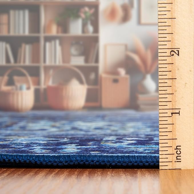 ReaLife Rugs Machine Washable Area Rug Runner - Living Room Bedroom Bathroom Kitchen Entryway Office - Padded Low Pile Stain Resistant Premium - Boho Vintage Traditional - Lyle - Blue 3' x 5'