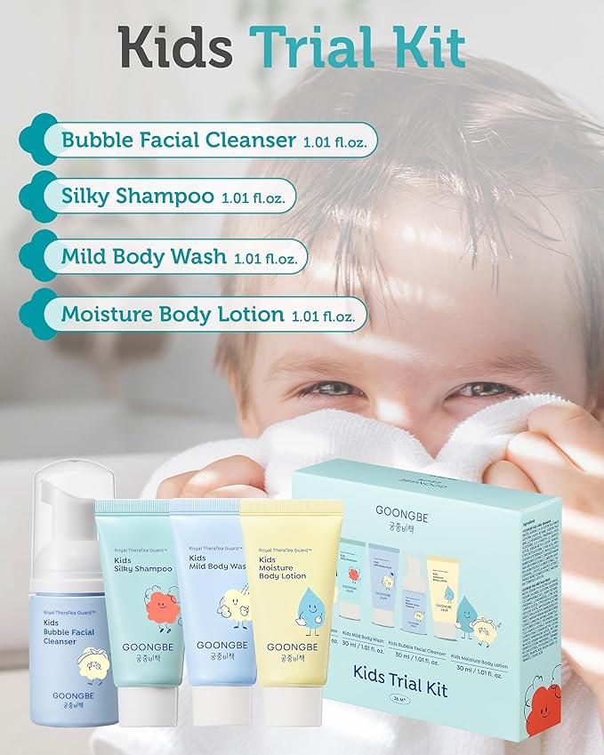 Kids Trial Travel Kit - Korean Low pH Skincare Set with Silky Shampoo, Body Wash, Facial Cleanser & Body Lotion - Silicone-Free Formula for Sensitive Skin, 1.01 fl.oz. each