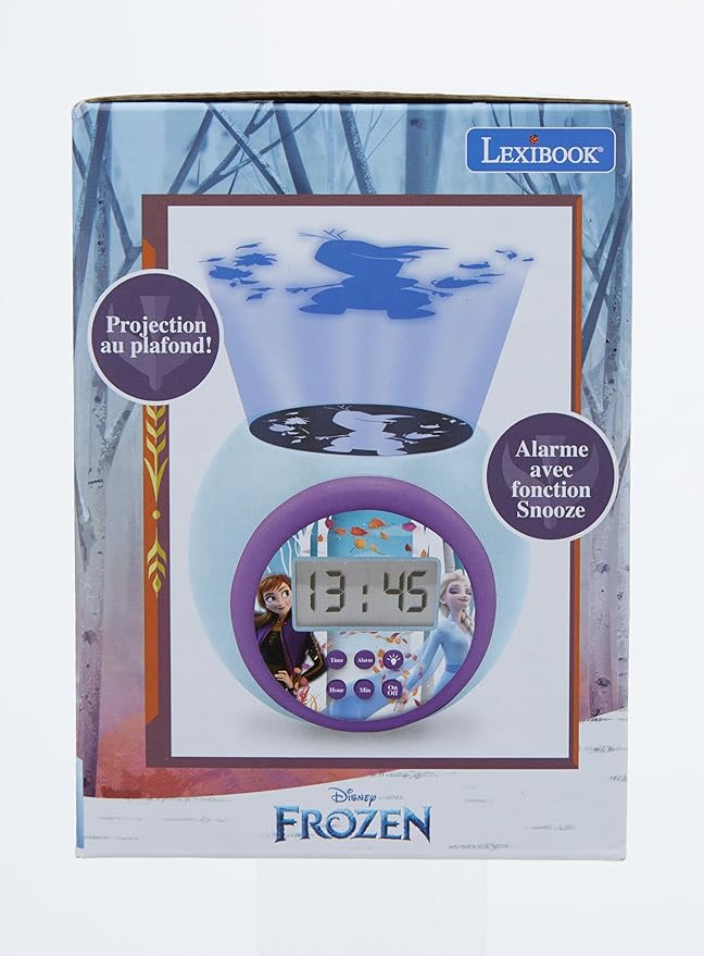 LEXIBOOK, Projector Clock Disney Frozen 2 Anna Elsa with Snooze Alarm Function, Night Light with Timer, LCD Screen, Battery Operated, Blue/Purple, RL977FZ