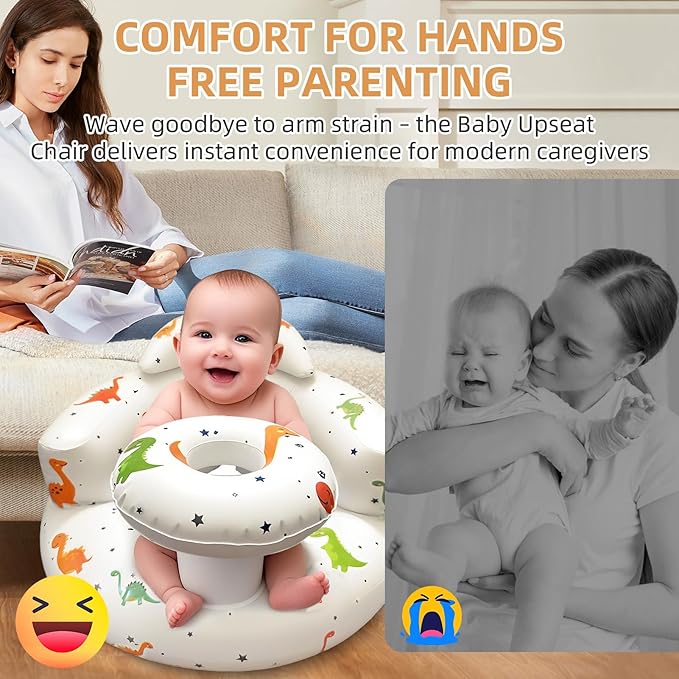 Inflatable Baby Seat with Tray, Blow up Infant Chair for Babies 3 Months and up, Comfortable Baby Floor Seats for Sitting Up, Built in Air Pump with Back Support Toddler Waterproof Sofa (Dinosaur)