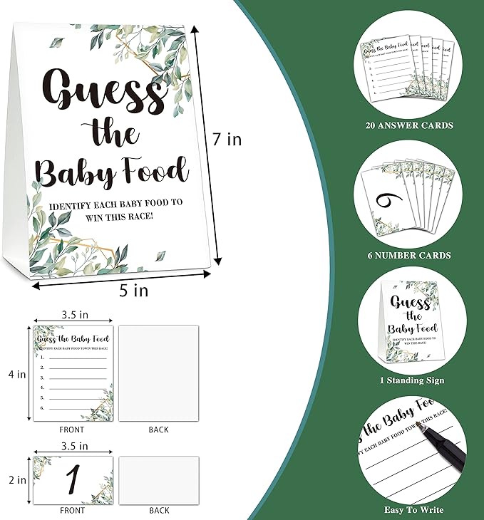 Baby Shower Game Set, Find The Baby Food Party Games(1 Standing Sign + 20 Answer Cards + 6 Number Cards), Neutral Greenery Shower Games, Eucalyptus Gender Reveal Party Favor Decor(A01)