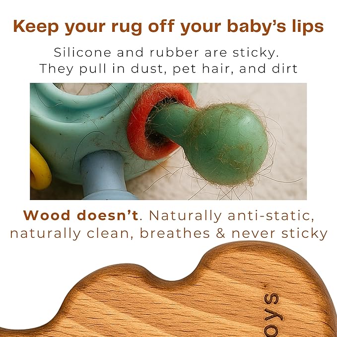HippoToys Wooden Teething Toy – USA’s First Real Natural Teether & Rattle for Babies 0–12 Months – Handcrafted Beech & Walnut Wood – No Fake Natural, No Silicone, No Rubber