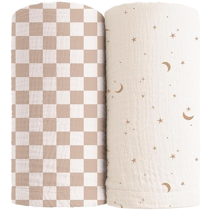 Konssy Muslin Swaddle Blankets for Girls Boys, 2 Pack Receiving Baby Blanket Large 47 x 47 inches, Soft Breathable Swaddling Wrap for Unisex Newborn (Coffee Check,Moon)