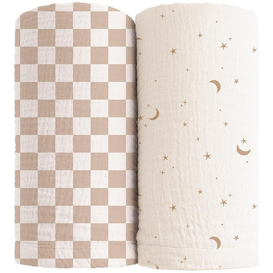 Konssy Muslin Swaddle Blankets for Girls Boys, 2 Pack Receiving Baby Blanket Large 47 x 47 inches, Soft Breathable Swaddling Wrap for Unisex Newborn (Coffee Check,Moon)