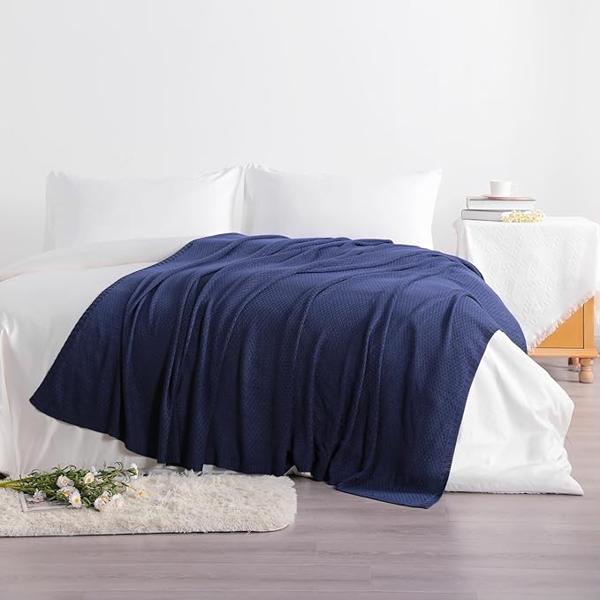 NTBAY Cable Knit Cooling Throw Blanket, Soft and Breathable Throw Blanket 51x67 Inches Made from Rayon Derived from Bamboo for Couch, Sofa, Nap, Navy Blue