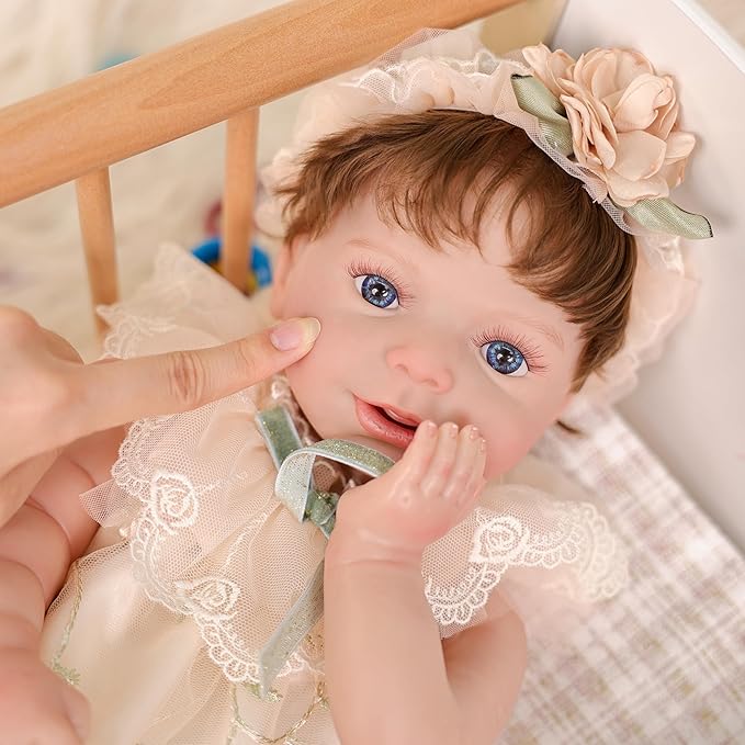 20-Inch Lifelike Reborn Baby Doll, Realistic Baby Doll with Cute Skirts, Poseable Smiling Full-Body Vinyl Baby Dolls for 3+ Years Old Kids Name Rosalie (Champagne (Open Eyes))