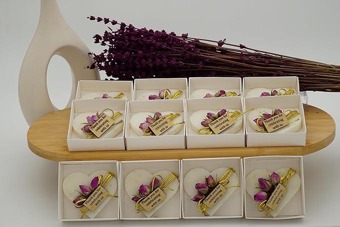 Heart Shaped Soaps 12-Pack, Handmade Scented Mini Soaps for Bridal Shower Party Favors, Wedding, Baby Shower, Thanks You for Celebrating with Us Wooden Tag, White Box