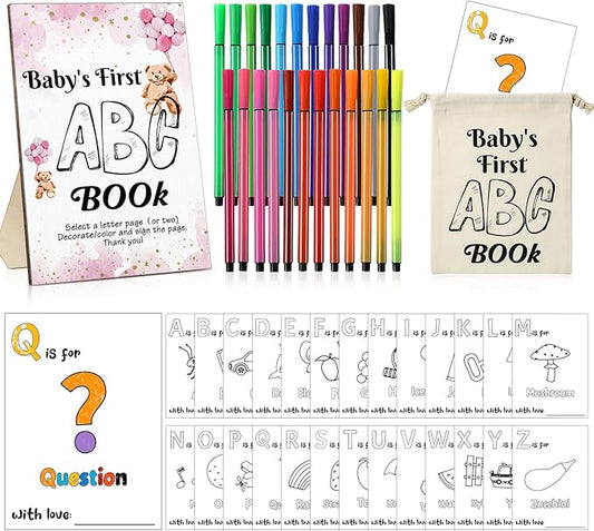 Geelin 51 Pcs Fun Baby Shower Game Activities First Abc Book Sign Coloring Game Card 26 Alphabet a to Z Coloring Card with 24 Watercolor Pen Storage Bag for Baby Shower Party(Pink Bear)