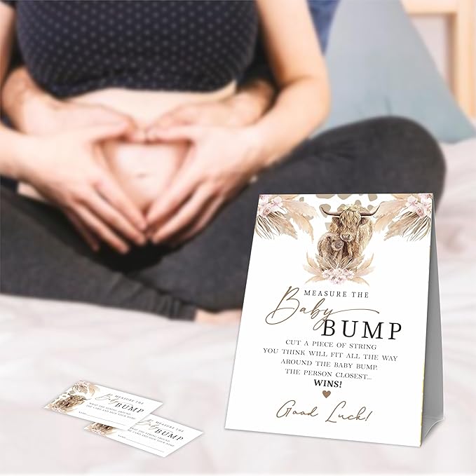 Baby Shower Measure The Baby Bump Game Kit - Boho Holy Cow - 1 Self-Standing Sign & 50 Tickets - How Big Is Mommy's Belly Sign - Gender Reveal Games, Baby Announcement Party Favor & Decorations - A10