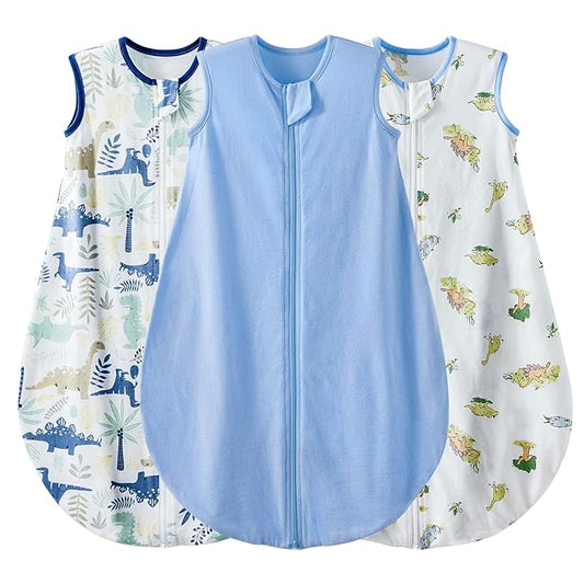 Duomiaomiao 3 Pack Baby Sleep Sack 100% Organic Cotton Lightweight Breathable Comfy Toddler Sleeping Sack (0.5tog Dinosaurs, Medium)