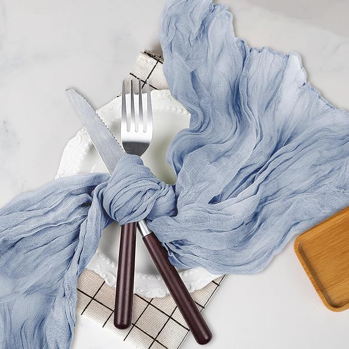 Le courant 12pcs 10Ft Cheesecloth Table Runner, Rustic Boho Gauze Cheese Cloth Runner Table Runner for Weddings Bridal Baby Shower Birthday Holiday Parties Home Decor, Dusty Blue