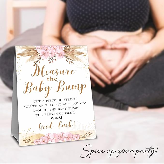 Boho Floral Baby Shower Measure Maternal Bump Game Set - Standalone Sign & 50 Tickets - Gender Reveal, Announcement & Shower Activity & Party Favor - A05