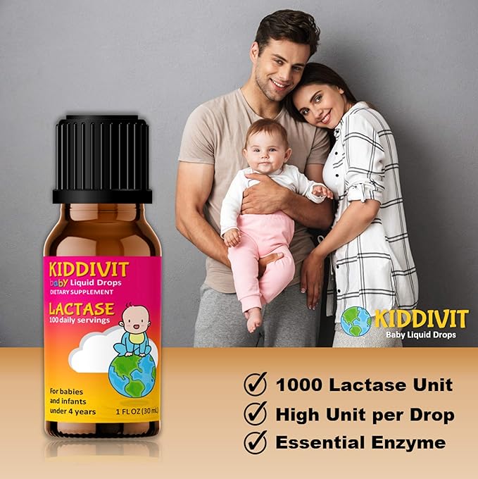 Kiddivit Baby Lactase Drops 1000 Units – Gentle Digestive Support Enzyme Supplement – 100 Daily Servings – Built-in Dropper, Glass Bottle – Gluten Free, Vegetarian, 1oz