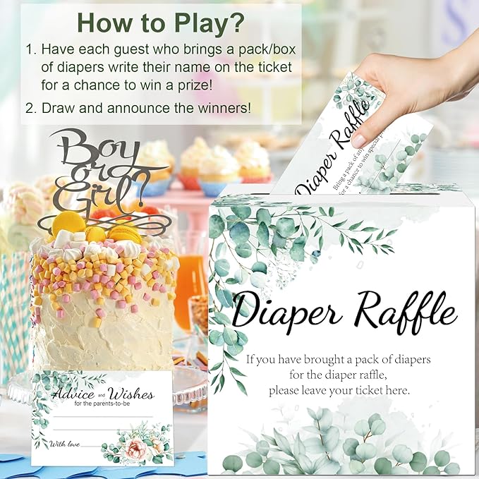Baby Shower Games, Greenery Diaper Raffle Box for Baby Shower, 50 PCS Diaper Raffle Tickets Card Box with Advice and Wishes for the Parents-to-be, Baby Shower Decorations, Diaper Raffle Sign