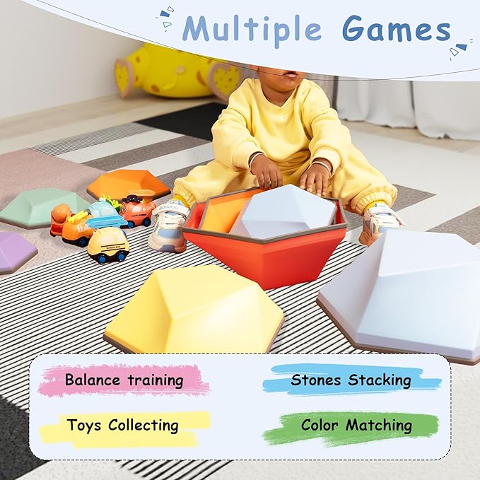 makarci Stepping Stones for Kids 12pcs Obstacle Courses Play Indoor Outdoor, Full Rubber Rim Plastic Hilltop for Kids Balance and Integration Improvement Age 3 4 5 6 7 8 + (Forest)