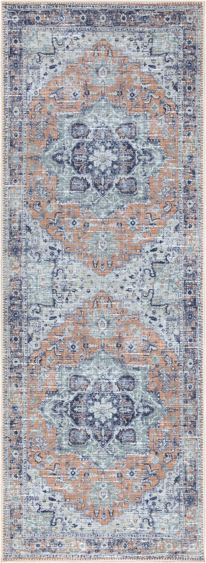 Bloom Rugs Washable Non-Slip 7 ft Runner - Peach/Blue Traditional Runner for Entryway, Hallway, Bathroom, and Kitchen - Exact Size: 2.5' x 7'