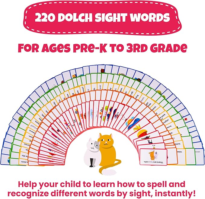 Sight Words Flash Cards Kindergarten – 220 Cards – Sight Words for Toddlers 4 Years – Dolch Sight Words Flash Cards –Pre-K Kinder 1st 2nd 3rd Grade – Sight Word Site Reading Kids Vocabulary Learning