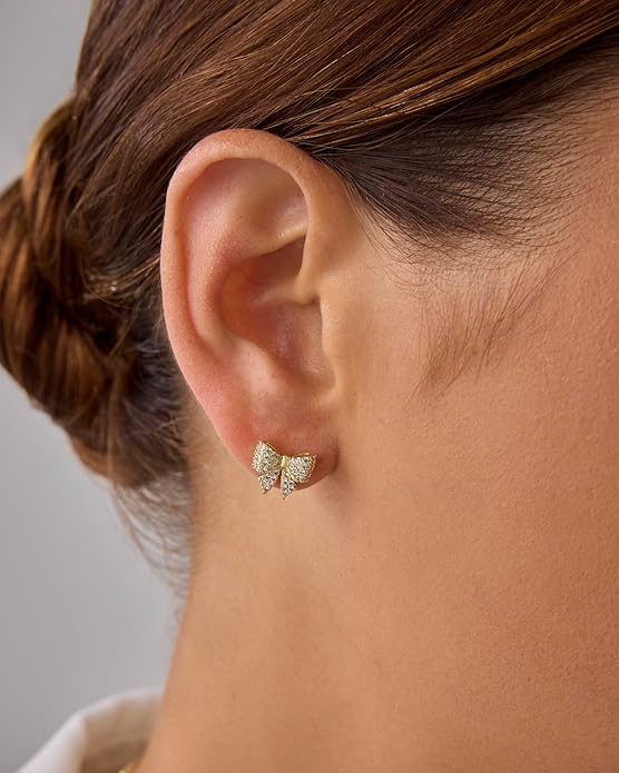 PAVOI 14K Gold Plated Dainty Flat Back Earrings for Women - Hypoallergenic Sterling Silver Posts Helix Cartilage Piercing Jewelry - Emoji Motif Bow Celestial Flatback Gold Stud Earrings Screw Back