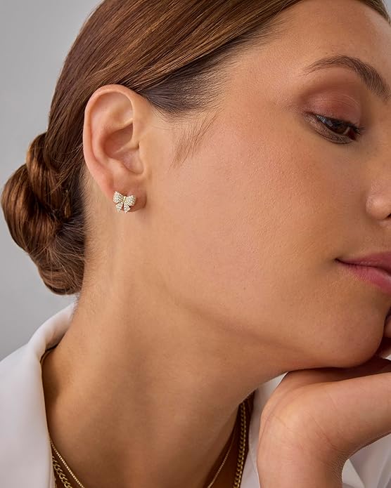 PAVOI 14K Gold Plated Dainty Flat Back Earrings for Women - Hypoallergenic Sterling Silver Posts Helix Cartilage Piercing Jewelry - Emoji Motif Bow Celestial Flatback Gold Stud Earrings Screw Back