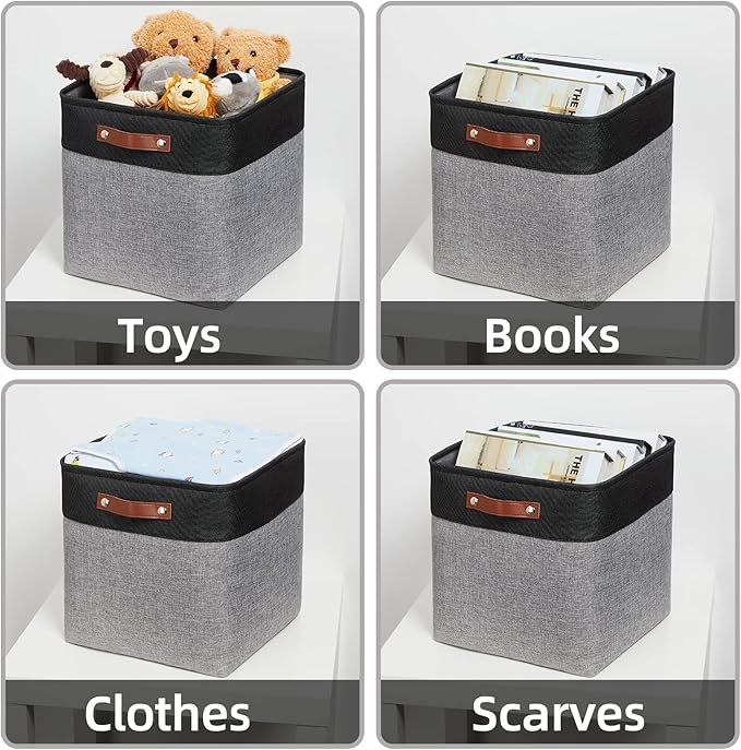 HNZIGE Storage Foldable Baskets Cubes Set(3 Pack) Fabric Bins for Shelves,13 Inch Storage Basket for Organizing with Leather Handles for Home, Toys, Clothes, Kids Room, Closet Storage(Black&White)