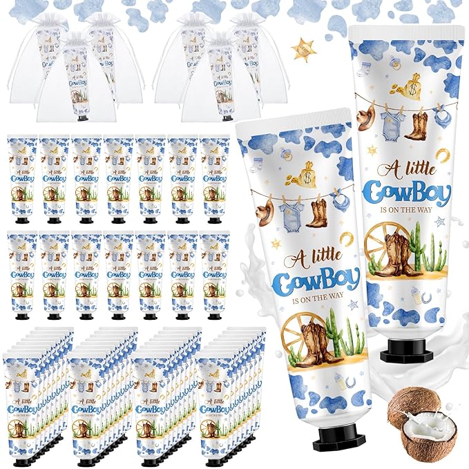 48 Sets Baby Shower Hand Cream Bulk Cowboy Baby Shower Favors Bridal Thank You Hand Cream for Guests Travel Size Lotion with Organza Bags